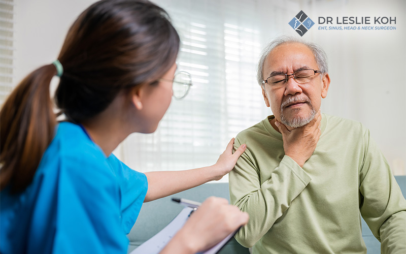 Patient with severe throat pain consulting a doctor.